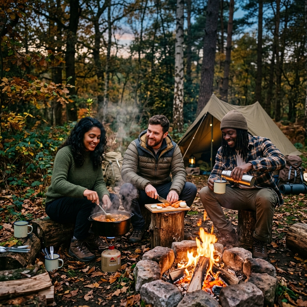 Camping cookware set on picnic table, UK 2024 review.