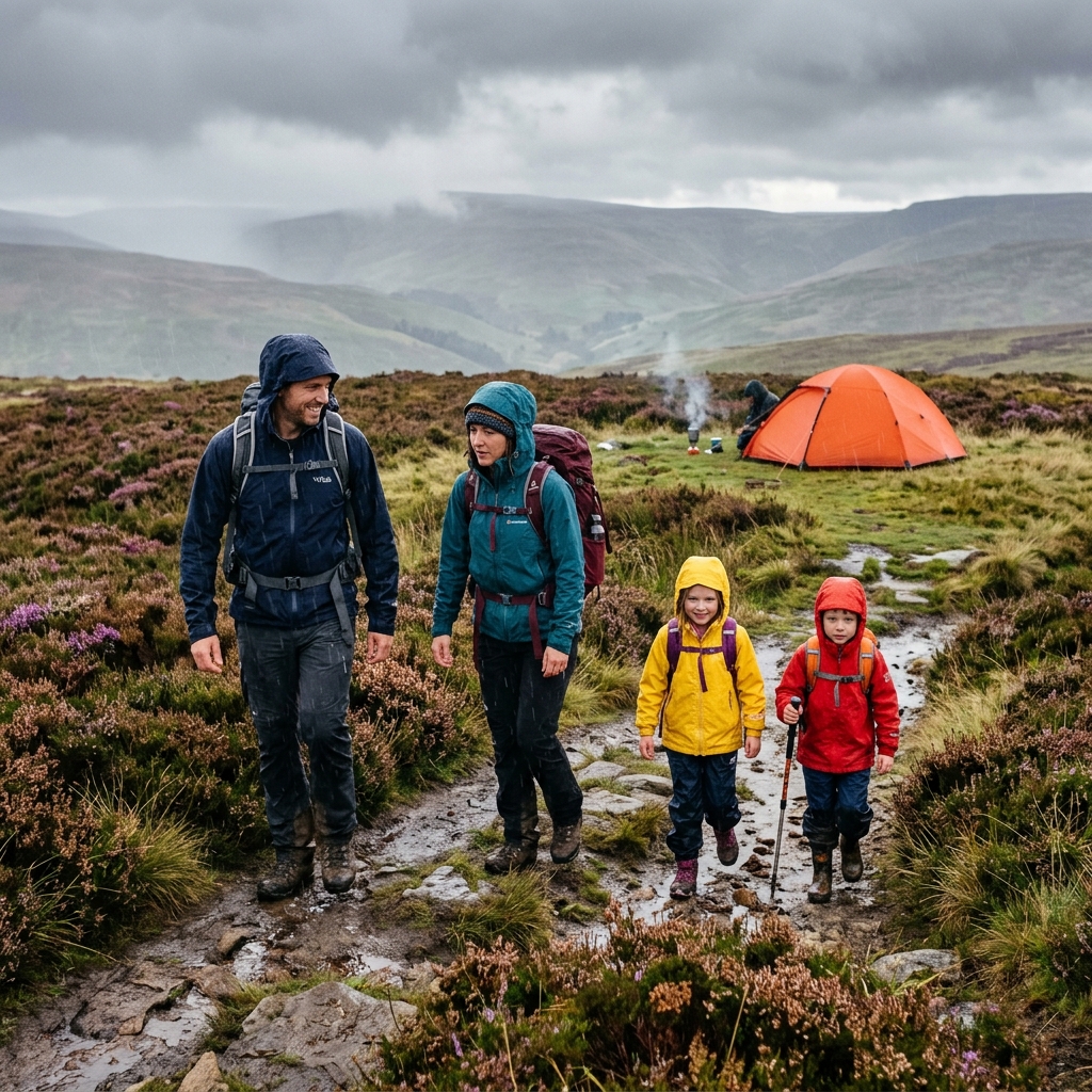 Waterproof tents UK pitched in rainy weather, camping adventure 2026.