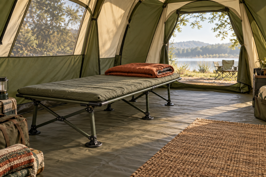 Original illustration of an unbranded folding camp bed with a mat and folded bedding inside a roomy tent
