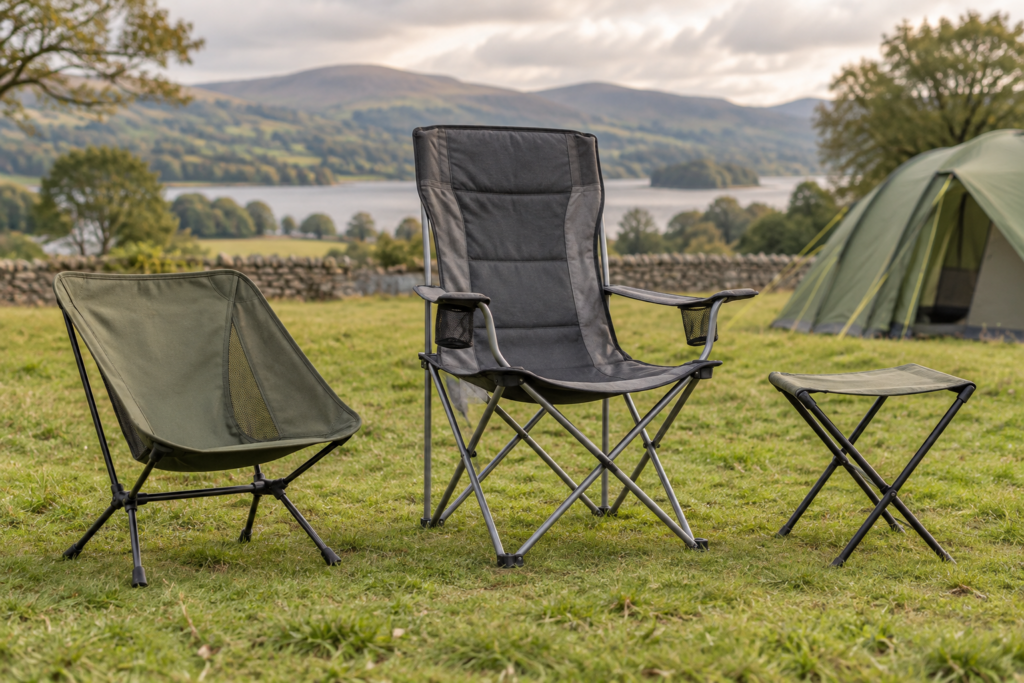 Original illustration comparing a low sling camping chair, a high-back chair and a folding stool on grass