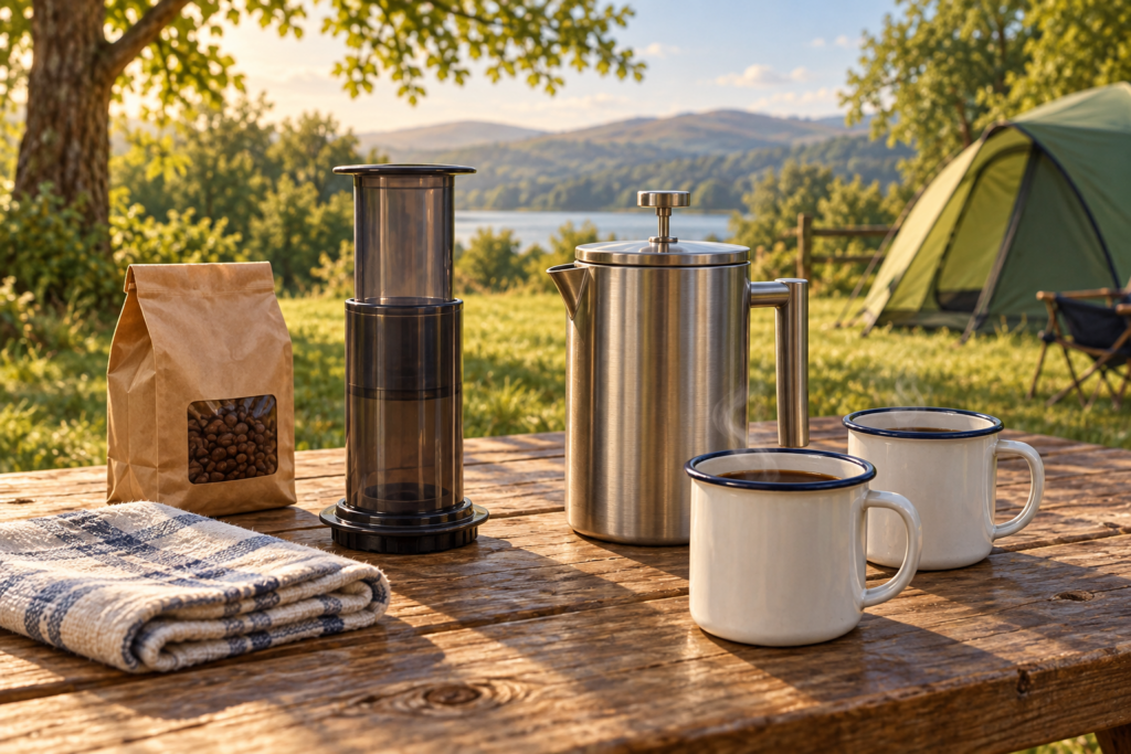 Illustration of a generic manual coffee press, steel cafetiere and enamel mugs at camp