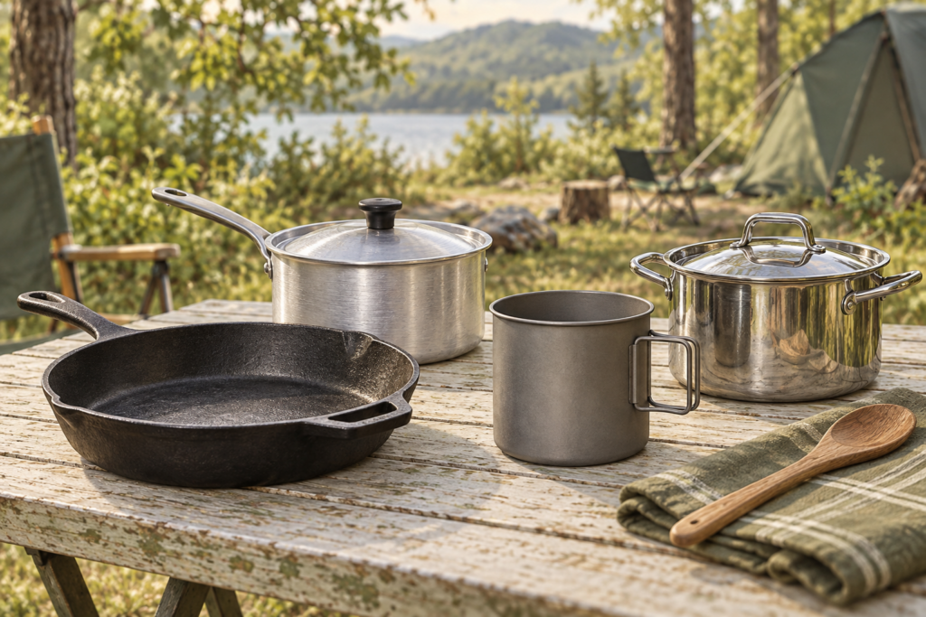 Illustration comparing unbranded cast iron, aluminium, stainless steel and titanium cookware