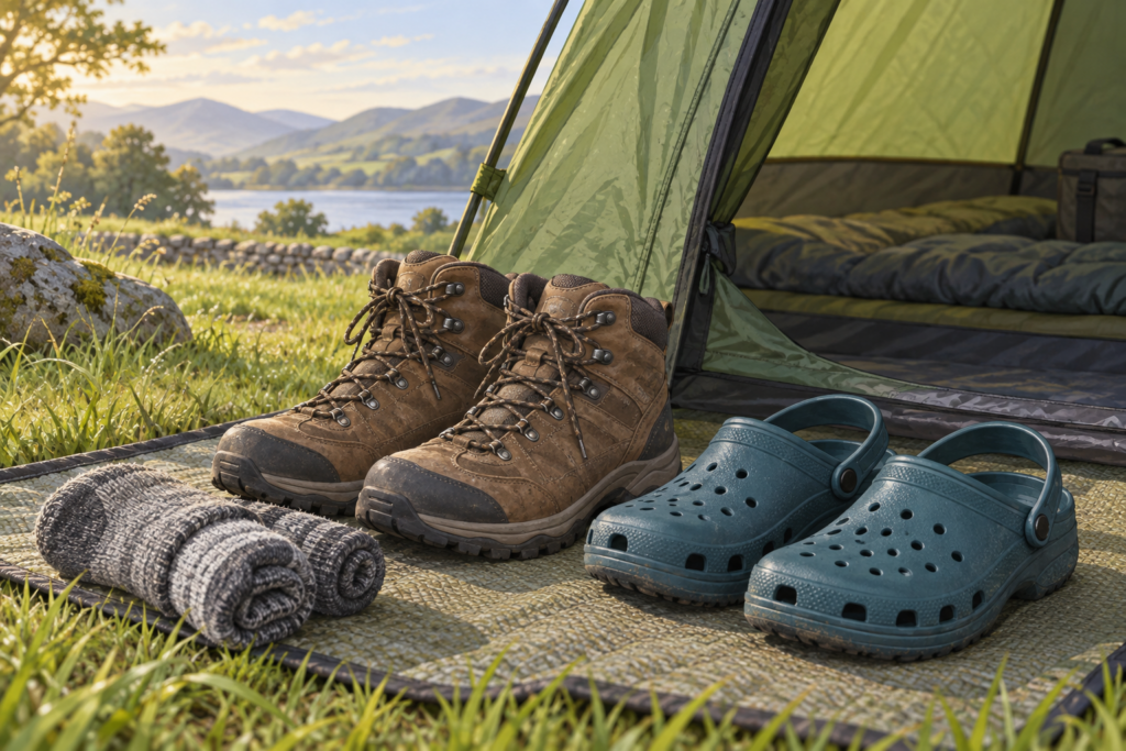 Original illustration of generic walking boots, ventilated camp clogs and rolled socks beside a tent