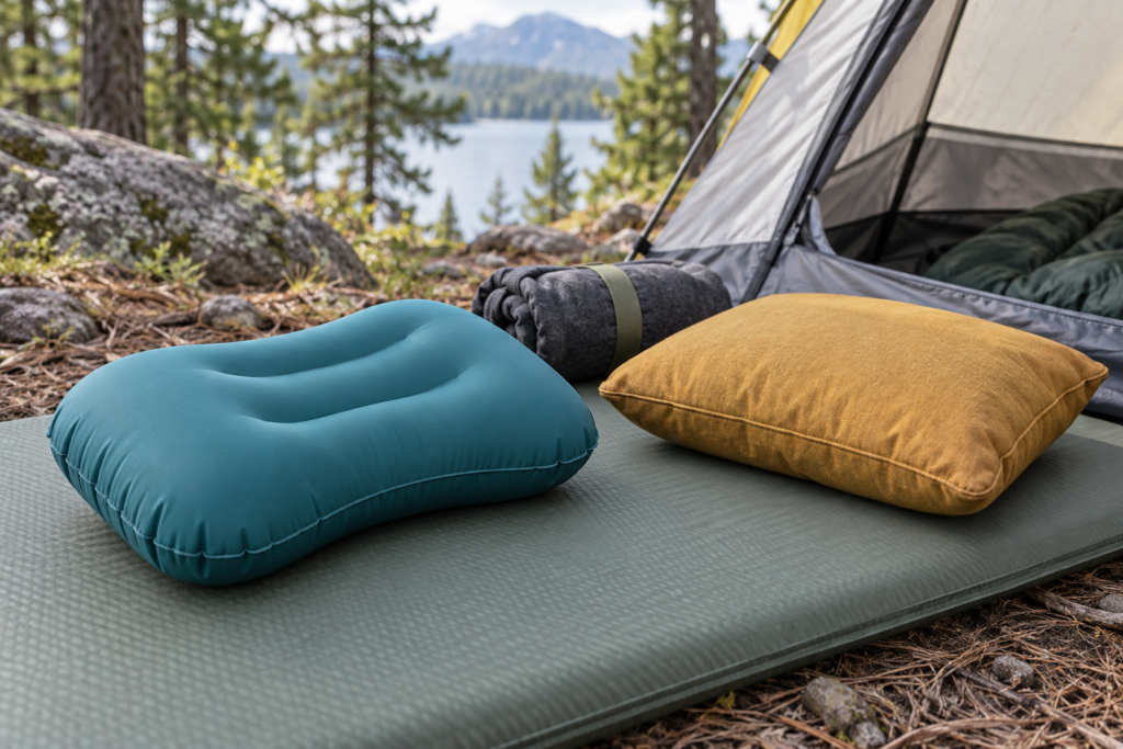 Original illustration of unbranded inflatable and foam-filled camping pillows beside a rolled clothing bundle
