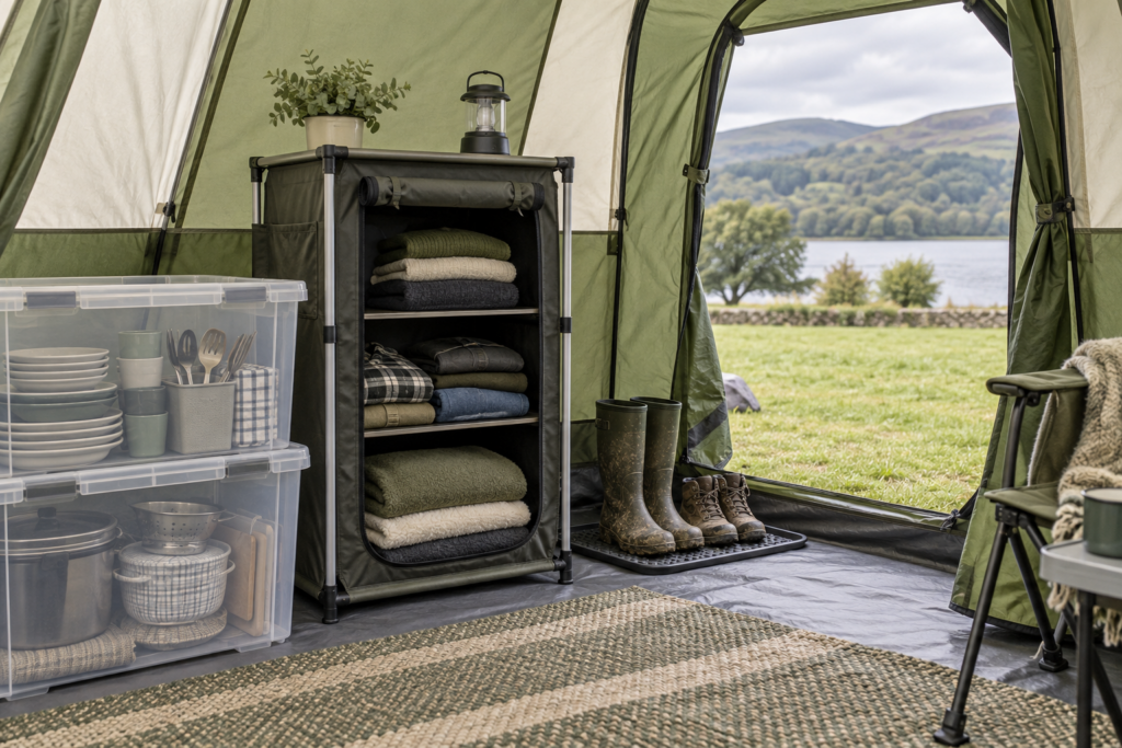Original illustration of a camping cupboard and separate storage boxes inside a tent living area