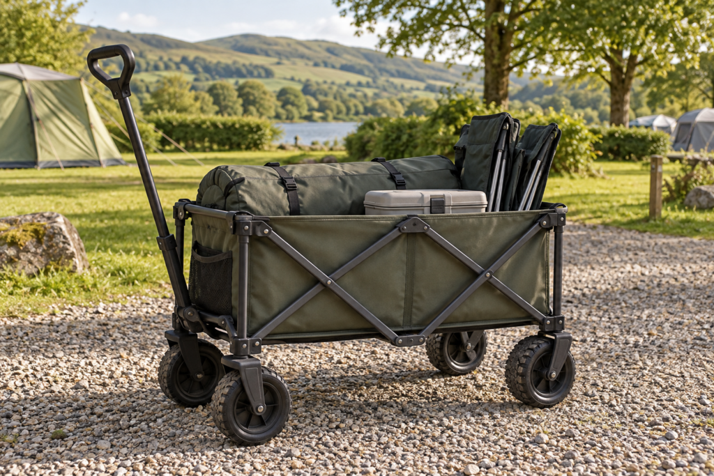 Original illustration of an unbranded four-wheel camping wagon carrying a tent bag, chairs and a closed cool box