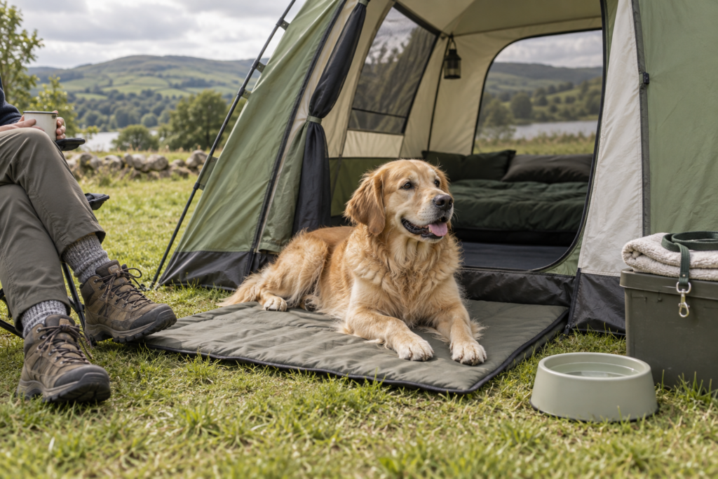 Original illustration of a dog resting on an unbranded camping mat beside its owner at a tent entrance