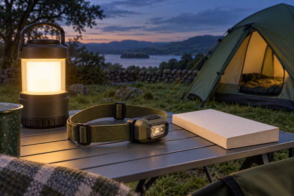 Original illustration of an unbranded head torch beside a glowing lantern and book at a campsite at dusk