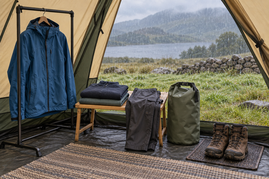 Original illustration of waterproof camping clothing and equipment
