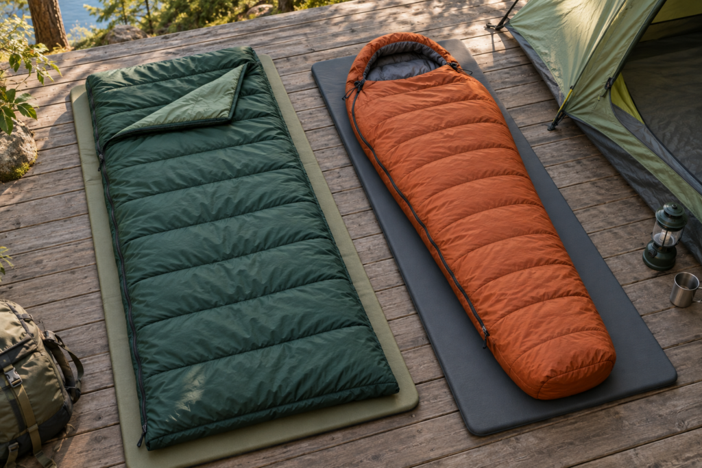 Original illustration of unbranded rectangular and mummy sleeping bags on separate mats beside a tent