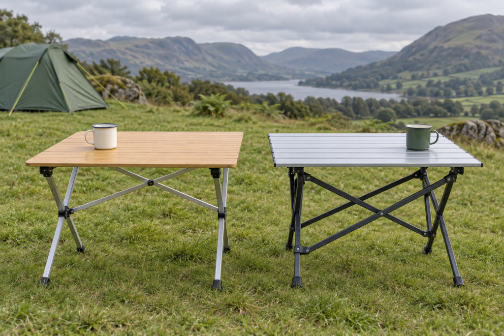 Original conceptual illustration comparing an unbranded bamboo camping table with a slatted aluminium camping table