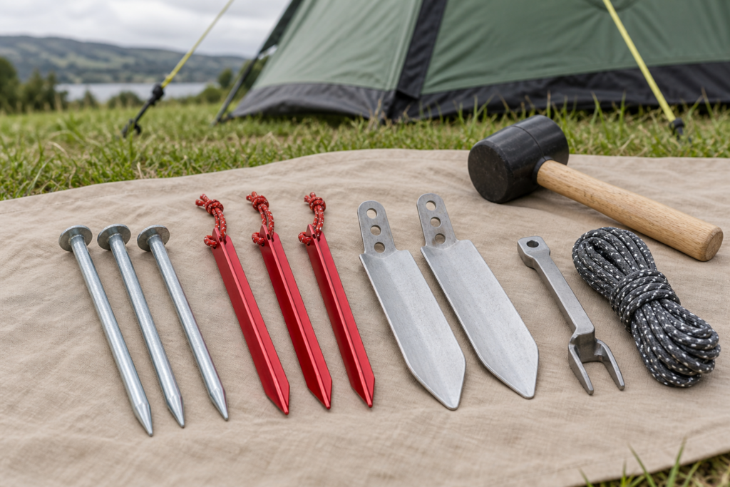 Original illustration of generic tent pegs, a mallet, a peg extractor and guyline