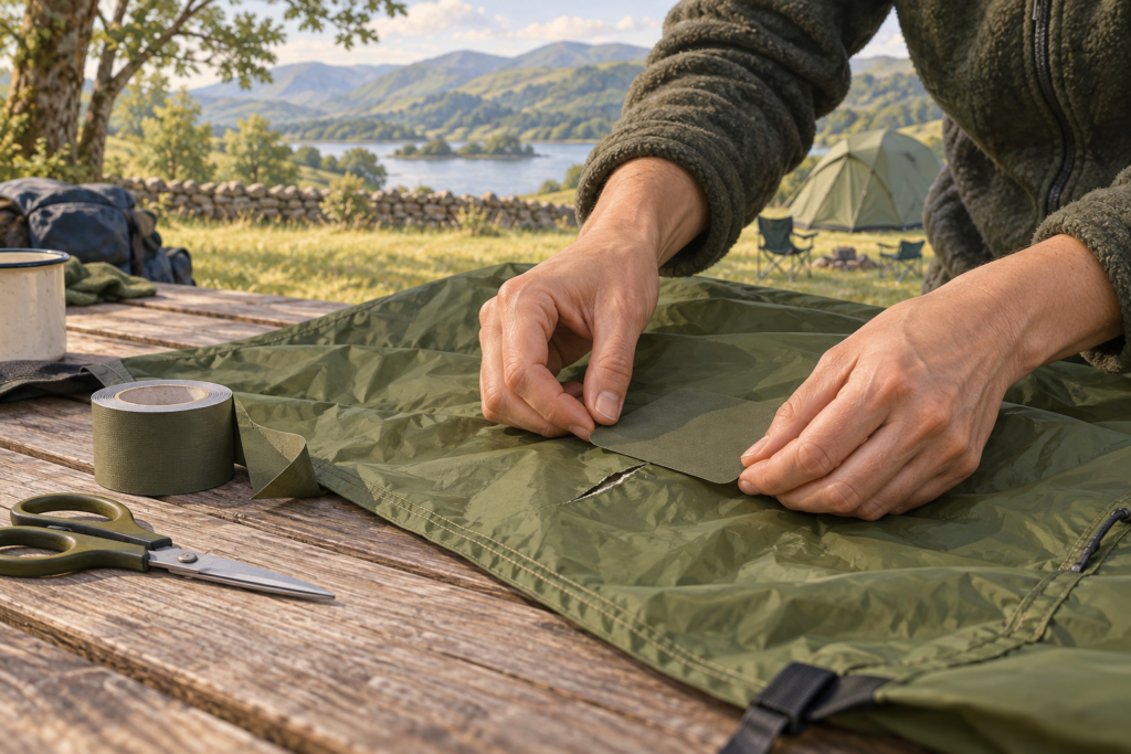 Editorial illustration of hands positioning a repair patch over a torn tent flysheet on a picnic table