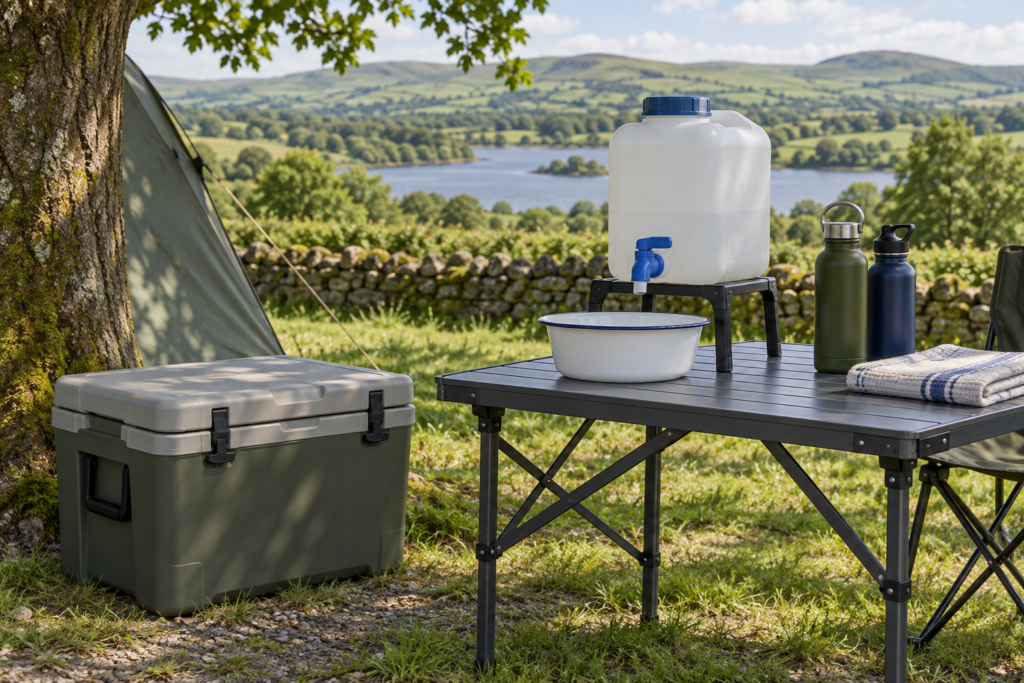 Original illustration of a folding camping table with unbranded equipment at a British campsite